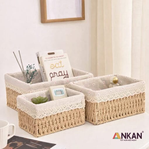 Giỏ Cói Lót Vải Hoa Cúc Đựng Đồ Mỹ phẩm, Phụ kiện 11 gio dung do 46 1
