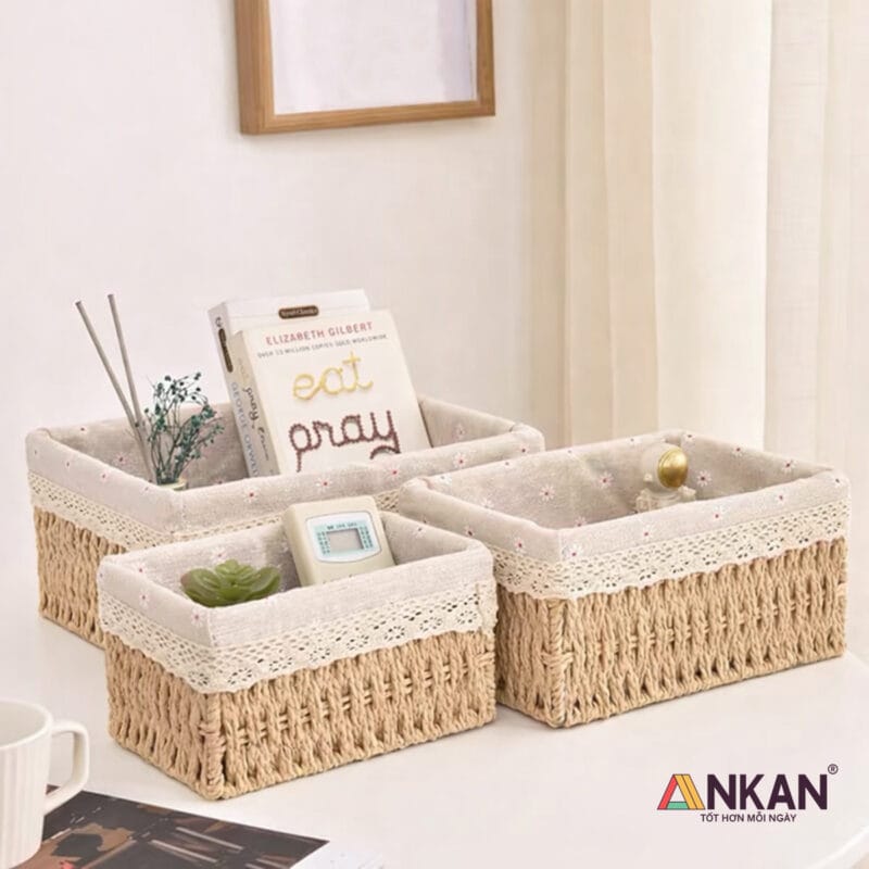 Giỏ Cói Lót Vải Hoa Cúc Đựng Đồ Mỹ phẩm, Phụ kiện 14 gio dung do 46