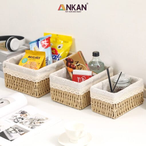 Giỏ Cói Lót Vải Hoa Cúc Đựng Đồ Mỹ phẩm, Phụ kiện 12 gio dung do 48