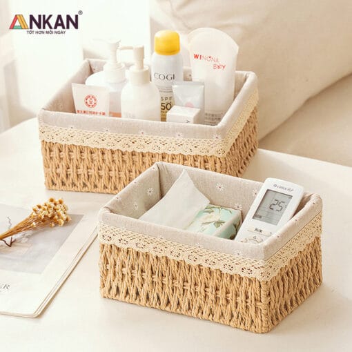 Giỏ Cói Lót Vải Hoa Cúc Đựng Đồ Mỹ phẩm, Phụ kiện 13 gio dung do 63