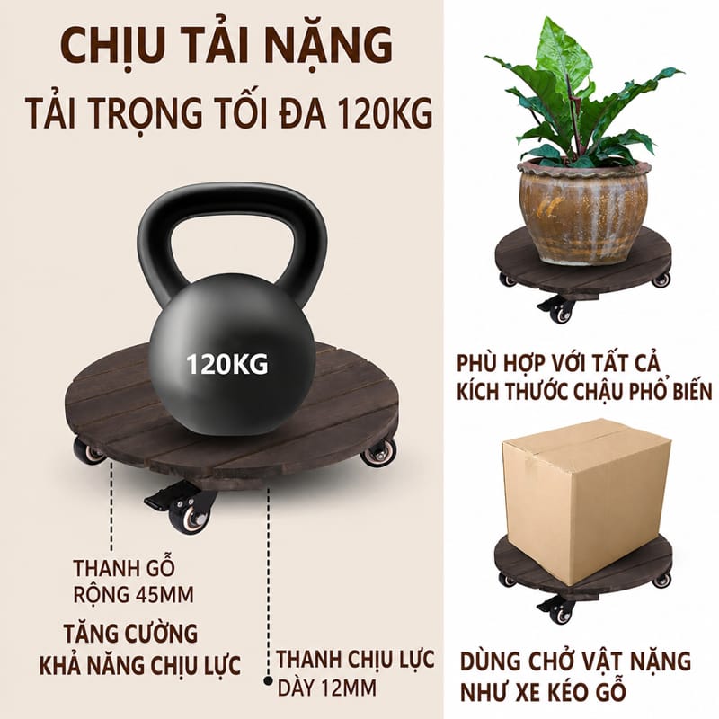 Đế Bánh Xe Di Chuyển Chậu Cây Màu Đen, Tải 120Kg 13 de lot chau cay 2 3