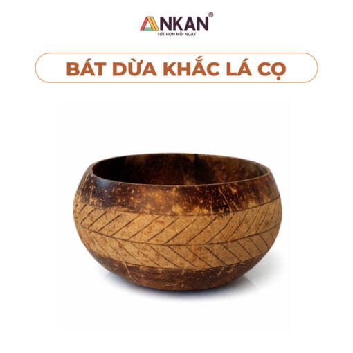 Bát Gáo Dừa Khắc Hoa Văn Lá Cọ Dùng Ăn Ngũ Cốc