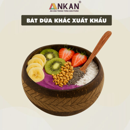 Bát Gáo Dừa Khắc Hoa Văn Lá Cọ Dùng Ăn Ngũ Cốc