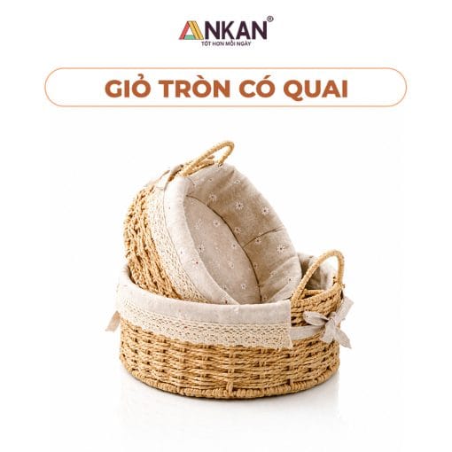 Giỏ Picnic Hình Tròn Có Quai Xách Đan Tay Thủ Công