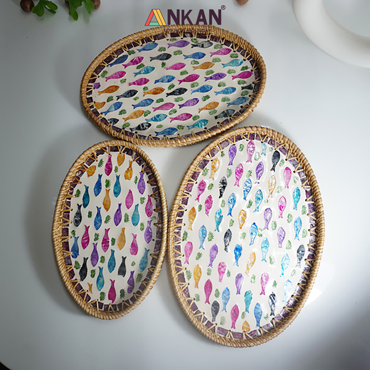 Khay Mây Oval Khảm Trai Hoa Văn Cá Cầu Vồng 6 khay may kham trai 1
