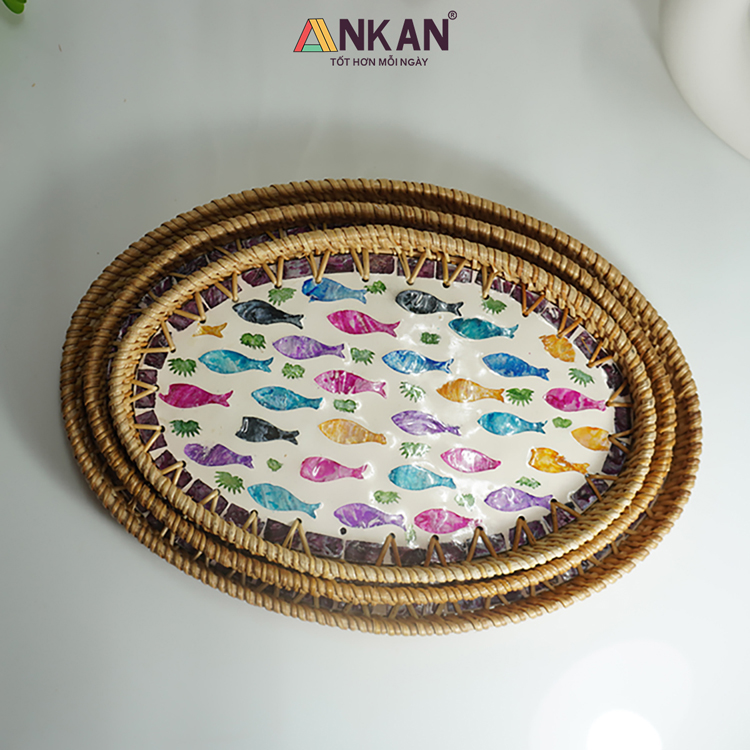 Khay Mây Oval Khảm Trai Hoa Văn Cá Cầu Vồng 7 khay may kham trai 21