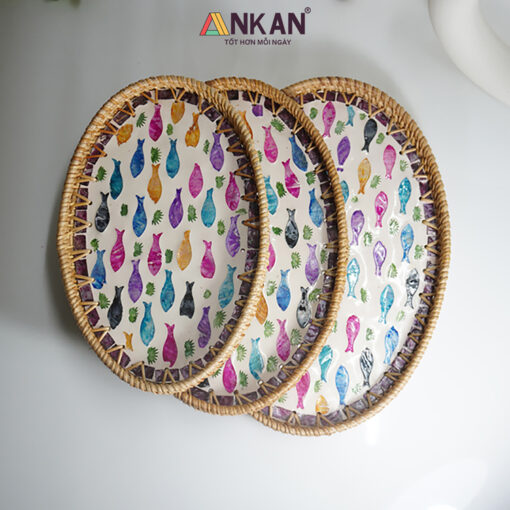 Khay mây oval khảm trai