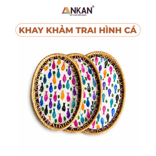 Khay Mây Oval Khảm Trai Hoa Văn Cá Cầu Vồng