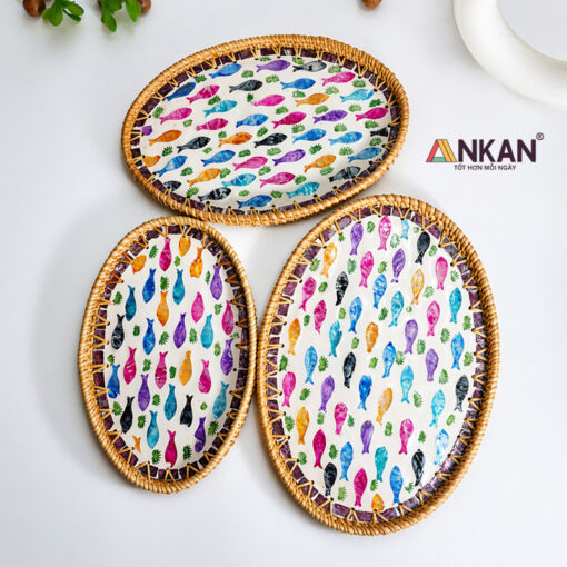 Alternative view of Khay Mây Oval Khảm Trai Hoa Văn Cá Cầu Vồng