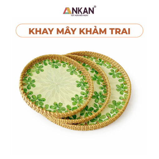 Khay Mây Tròn Khảm Trai Họa Tiết Cỏ May Mắn