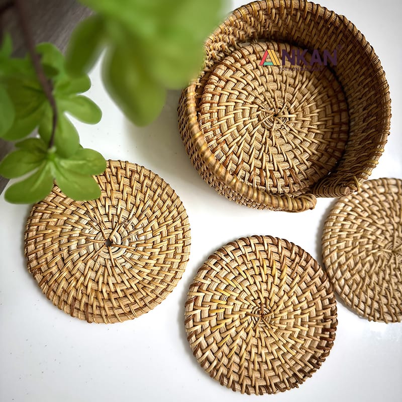 Bộ Lót Ly Mây Tre Đan 6 Miếng Kèm Khay Đựng 11 lot ly 11