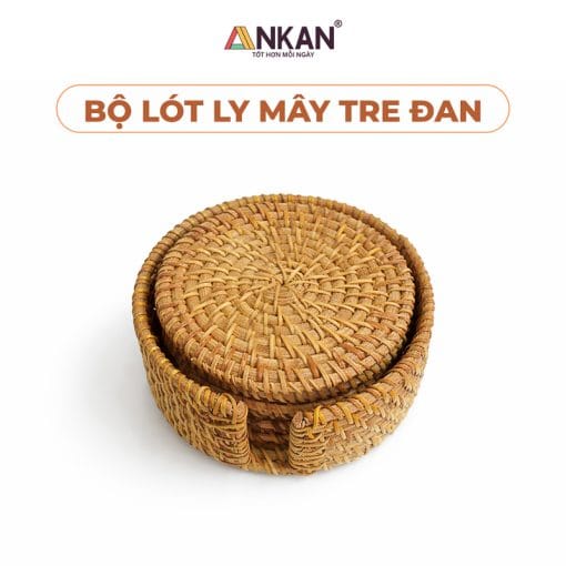 Bộ Lót Ly Mây Tre Đan 6 Miếng Kèm Khay Đựng
