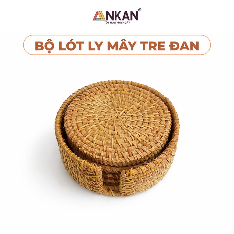 Bộ Lót Ly Mây Tre Đan 6 Miếng Kèm Khay Đựng 1 Bộ Lót Ly Mây Tre Đan 6 Miếng Kèm Khay Đựng