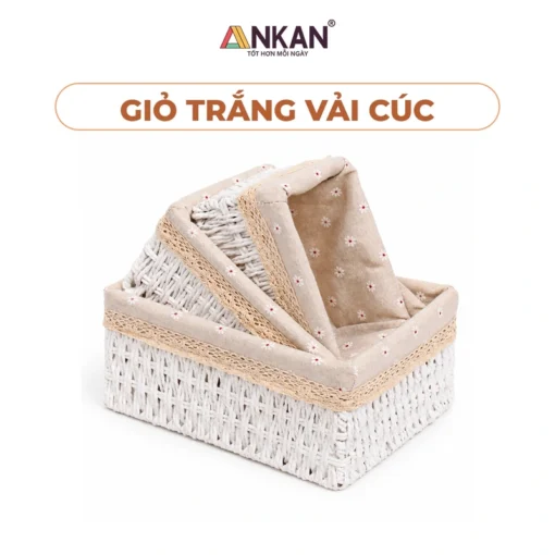 Giỏ trắng lót vải hoa cúc ANKAN ba cỡ