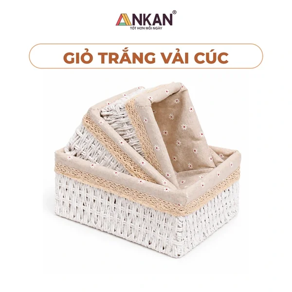 Bộ 3 giỏ trắng lót vải hoa cúc