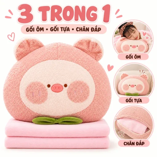 Gối chăn Heo Hồng ANKAN thiết kế 3 trong 1
