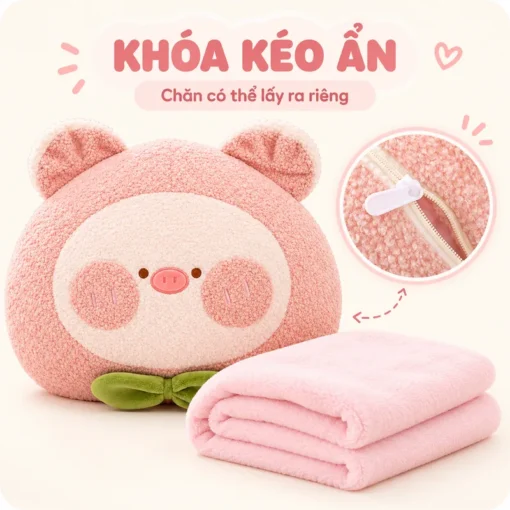 Khóa kéo ẩn giúp lấy chăn ra khỏi gối Heo Hồng