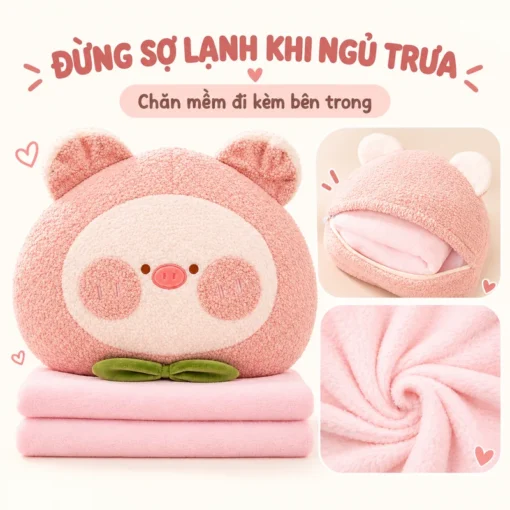 Chăn mềm bên trong gối Heo Hồng dùng khi ngủ trưa