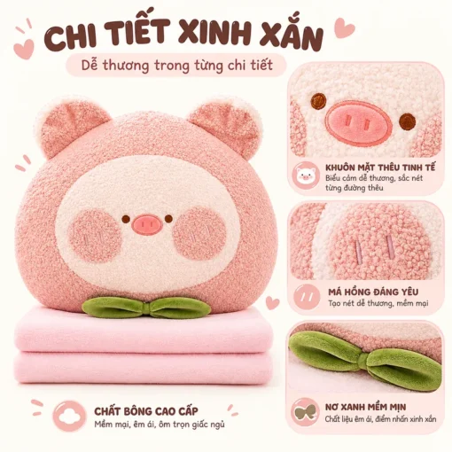 Chi tiết thêu mặt Heo Hồng và nơ xanh