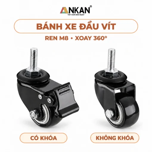 Bánh xe đầu vít ren 8mm, có khóa và không khóa