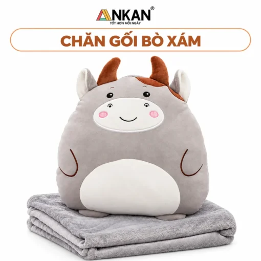 Chăn Gối Văn Phòng 3 Trong 1 Bò Xám ANKAN trên nền trắng, logo ANKAN và tên mẫu trong khung bo tròn
