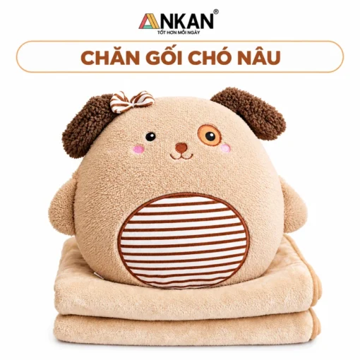 Chăn Gối Văn Phòng 3 Trong 1 Chó Nâu ANKAN trên nền trắng, logo ANKAN và tên mẫu trong khung bo tròn