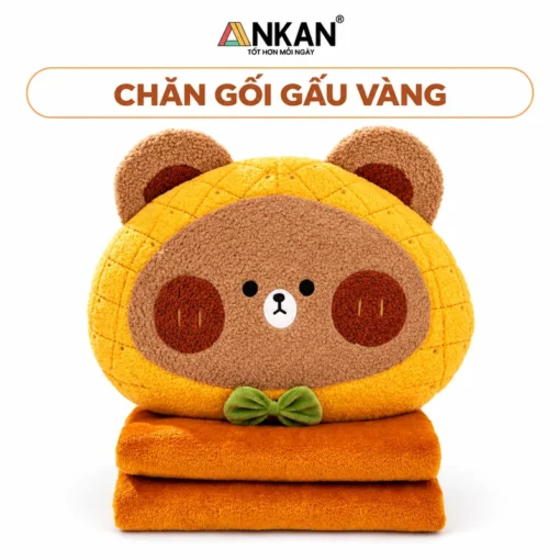 Chăn Gối Văn Phòng 3 Trong 1 Gấu Vàng ANKAN trên nền trắng, logo ANKAN và tên mẫu trong khung bo tròn