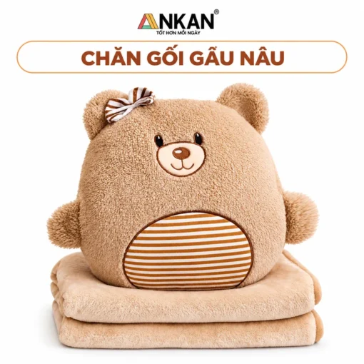 Chăn Gối Văn Phòng 3 Trong 1 Gấu Nâu ANKAN trên nền trắng, logo ANKAN và tên mẫu trong khung bo tròn