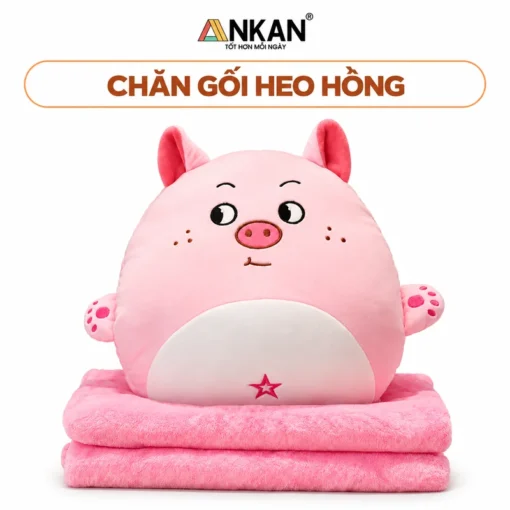 Bộ Chăn Gối Văn Phòng Bình Dương Kiểu Heo Hồng trên nền trắng, logo ANKAN và tên mẫu trong khung bo tròn