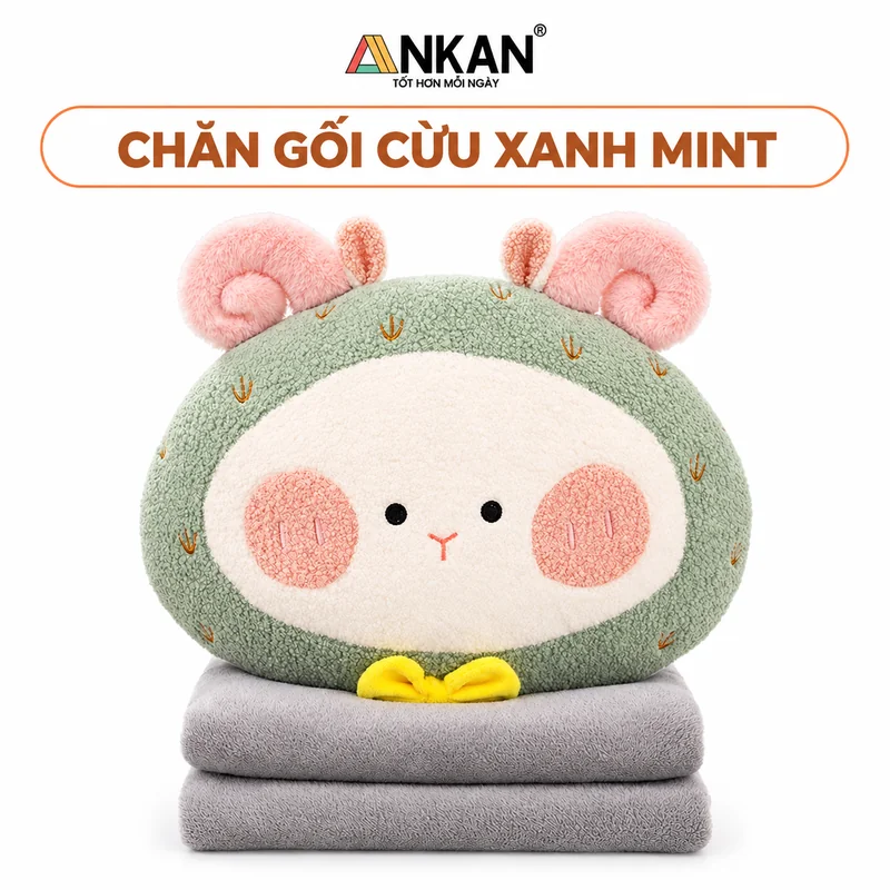 Chăn Gối Văn Phòng 3 Trong 1 Cừu Xanh Mint ANKAN 1 Chăn Gối Văn Phòng 3 Trong 1 Cừu Xanh Mint ANKAN trên nền trắng, logo ANKAN và tên mẫu trong khung bo tròn