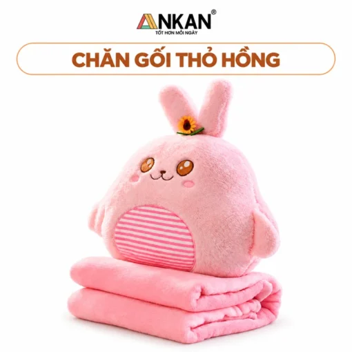 Chăn Gối Văn Phòng 3 trong 1 Thỏ Hồng Xinh Xắn trên nền trắng, logo ANKAN và tên mẫu trong khung bo tròn