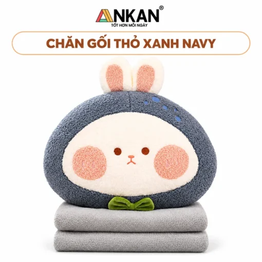 Chăn Gối Văn Phòng 3 Trong 1 Thỏ Xanh Navy ANKAN trên nền trắng, logo ANKAN và tên mẫu trong khung bo tròn