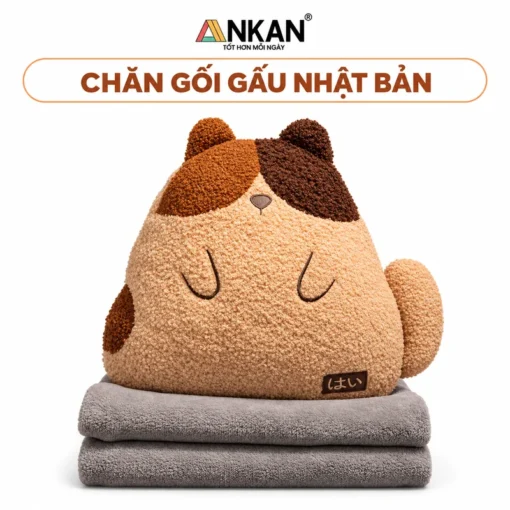 Chăn Gối Văn Phòng Gấu Nhật Bản ANKAN 3 Trong 1 trên nền trắng, logo ANKAN và tên mẫu trong khung bo tròn