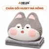 Gối Chăn Husky Má Hồng ANKAN 3 Trong 1 trên nền trắng, logo ANKAN và tên mẫu trong khung bo tròn