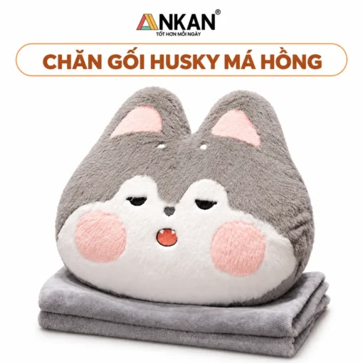 Gối Chăn Husky Má Hồng ANKAN 3 Trong 1 trên nền trắng, logo ANKAN và tên mẫu trong khung bo tròn