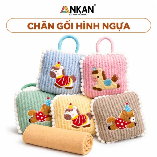 Bộ Chăn Gối Văn Phòng Hình Ngựa ANKAN 3 Trong 1, 5 Màu trên nền trắng, logo ANKAN và tên mẫu trong khung bo tròn