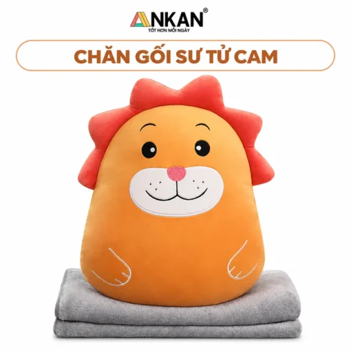 Chăn Gối Văn Phòng 3 Trong 1 Sư Tử Cam ANKAN trên nền trắng, logo ANKAN và tên mẫu trong khung bo tròn