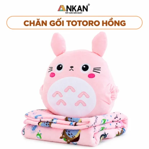 Chăn Gối Văn Phòng Totoro Hồng ANKAN 3 Trong 1 trên nền trắng, logo ANKAN và tên mẫu trong khung bo tròn