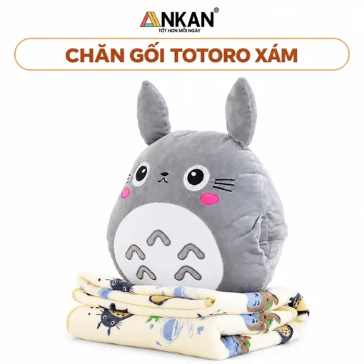 Bộ Chăn Gối Văn Phòng Hình Thú TOTORO Màu Xám trên nền trắng, logo ANKAN và tên mẫu trong khung bo tròn