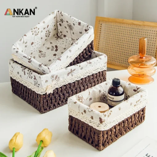 Ảnh thực tế Giỏ Nâu Lót Vải Hoa Nhí ANKAN - góc 2