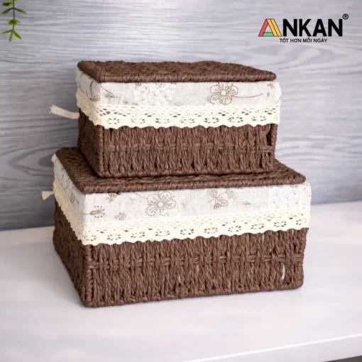 Ảnh thực tế Giỏ Nâu Có Nắp Lót Vải Hoa ANKAN - góc 1
