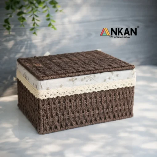 Ảnh thực tế Giỏ Nâu Có Nắp Lót Vải Hoa ANKAN - góc 4