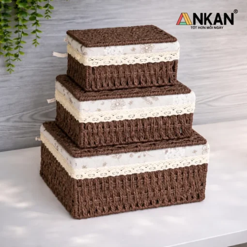 Bộ ba giỏ nâu có nắp