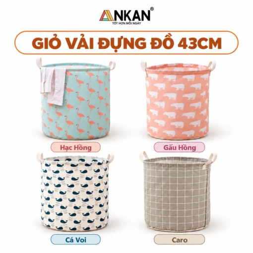 Giỏ vải đựng đồ ANKAN cao 43 cm, bốn họa tiết trên nền trắng