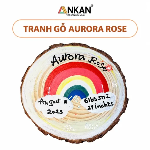 Tranh Gỗ Aurora Rose Cầu Vồng 18cm nền trắng, logo ANKAN