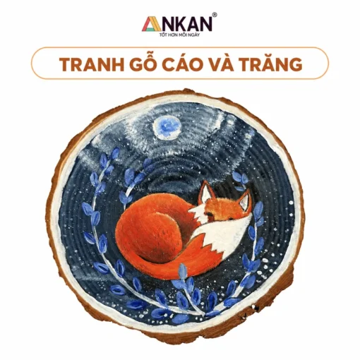 Tranh Gỗ Cáo Ngủ Dưới Trăng 23cm nền trắng, logo ANKAN