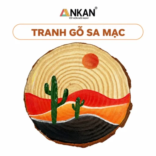 Tranh Gỗ Sa Mạc Hoàng Hôn 23cm nền trắng, logo ANKAN