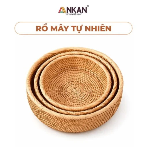 Rổ Mây Tròn Đan Kín Đựng Trái Cây nền trắng, logo ANKAN
