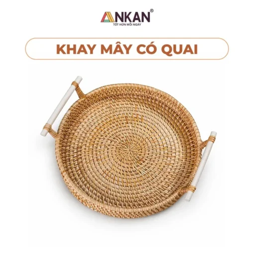 Khay Mây Tròn Có Quai Gỗ Đan Tay nền trắng, logo ANKAN