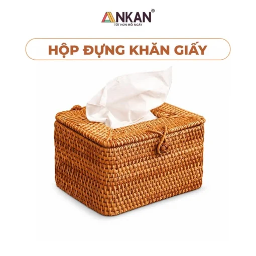 Hộp Khăn Giấy Mây Đan Chữ Nhật nền trắng, logo ANKAN